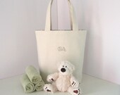 Personalized Beige Handbag Tote, Neutral Pinstripe, New Baby Gift Bag