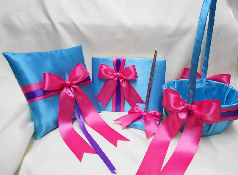 Wedding Accessories Turquoise Hot Pink Purple Flower Girl Basket Ring Bearer Pillow Guest Book Your Colors
