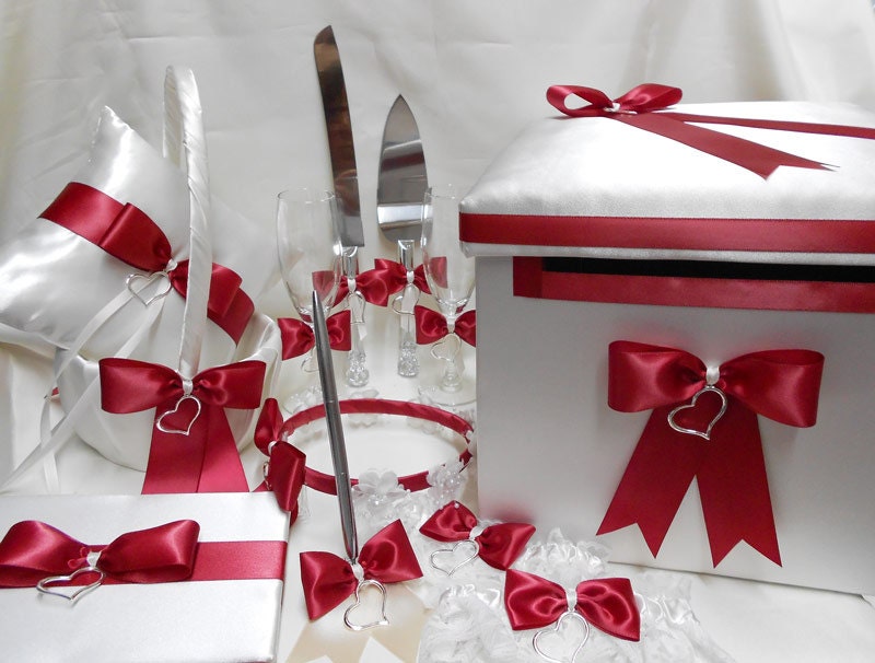 Ivory Apple Red Wedding Accessories Flower Girl Basket Ring Pillow Guest book Card Box Halo Garters Cake Server Set Toasting Glasses