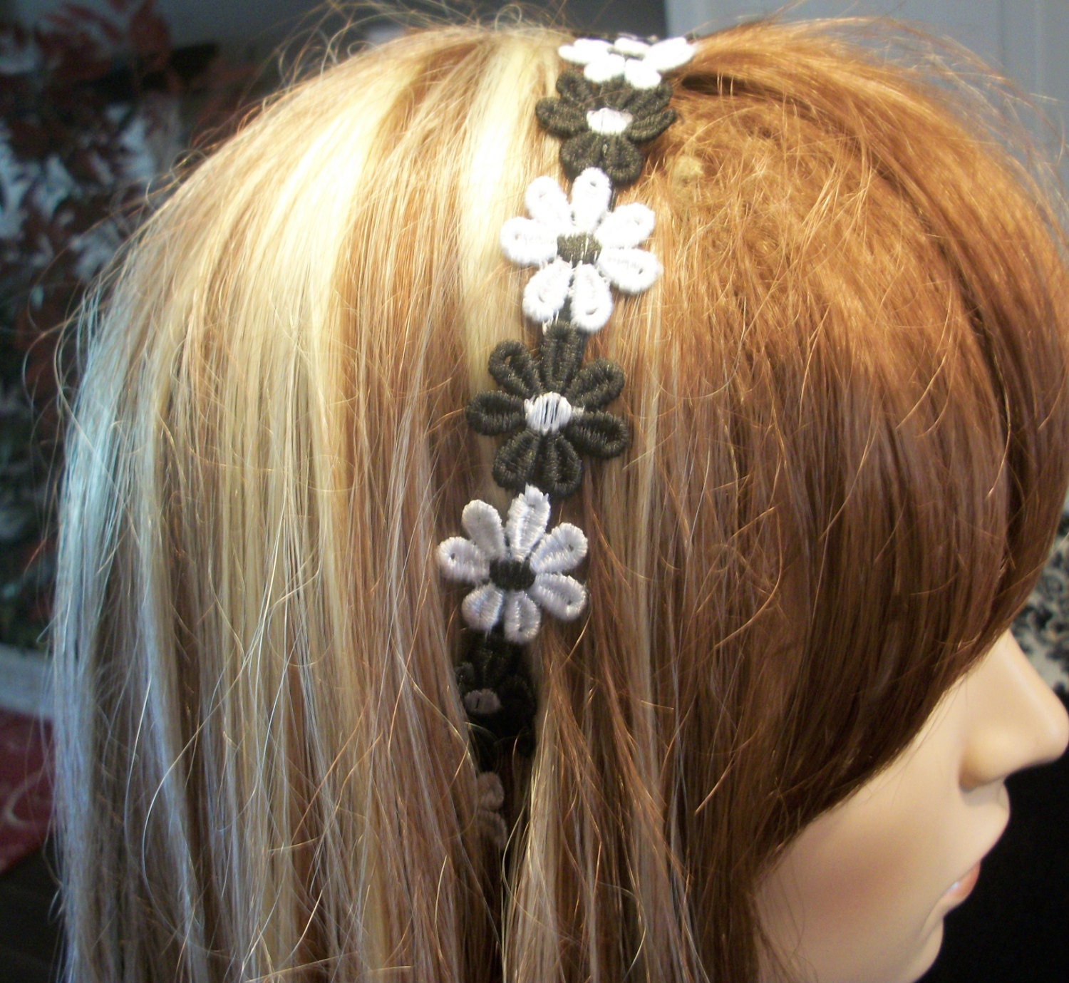 Black white daisy flower headband cute