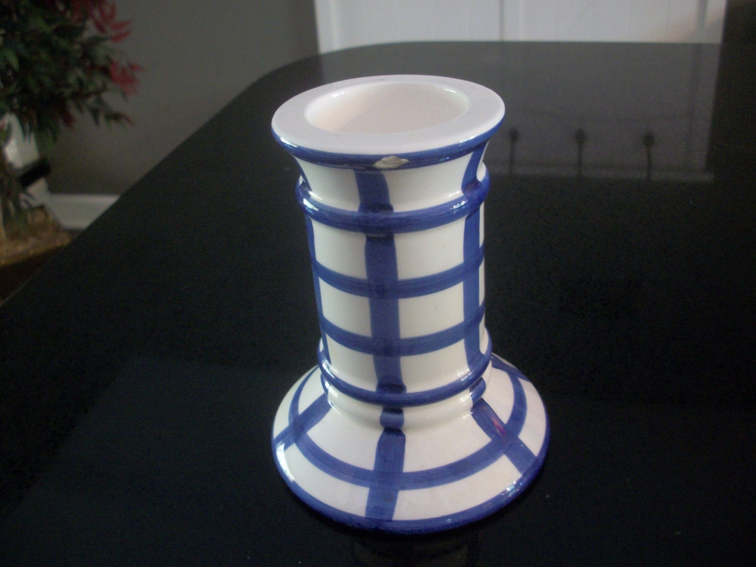 Blue white ceramic wide candle holder round geometric