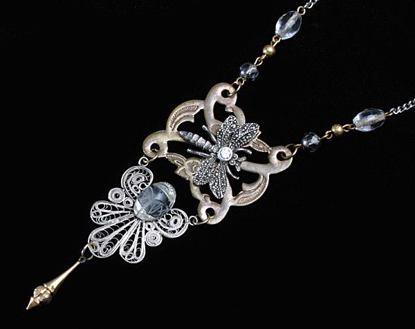 Silver Dragonfly Assemblage Necklace Scarab Glass Beads Sterling Filigree Mixed Metal Antique Vintage ARTISAN