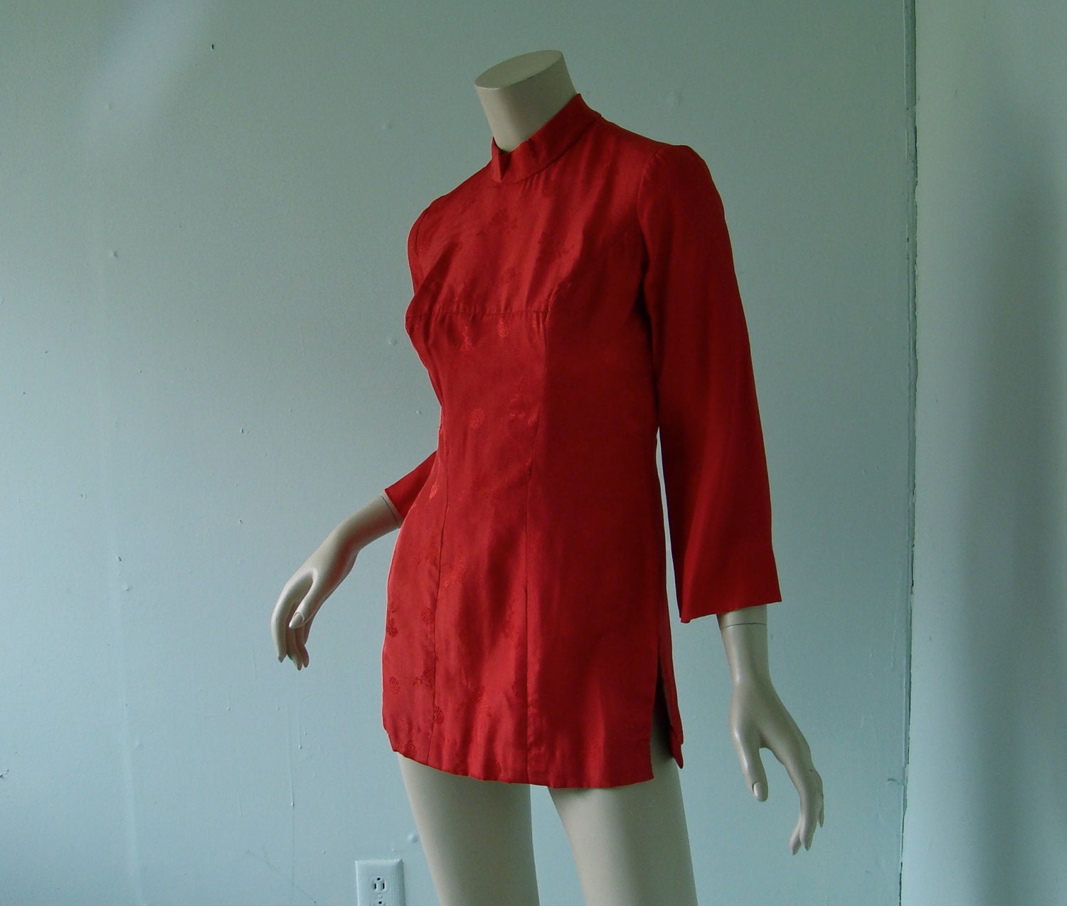 Red Silk Mini Go Go Dress- 1960's Asian Inspired Brocade- Bell Sleeves- Pin Up Showgirl