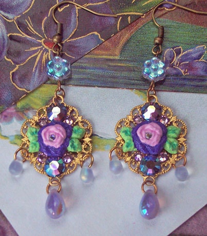 Butterfly Violet Roses - Hand-Sculpted - Swarovski Crystal Earrings