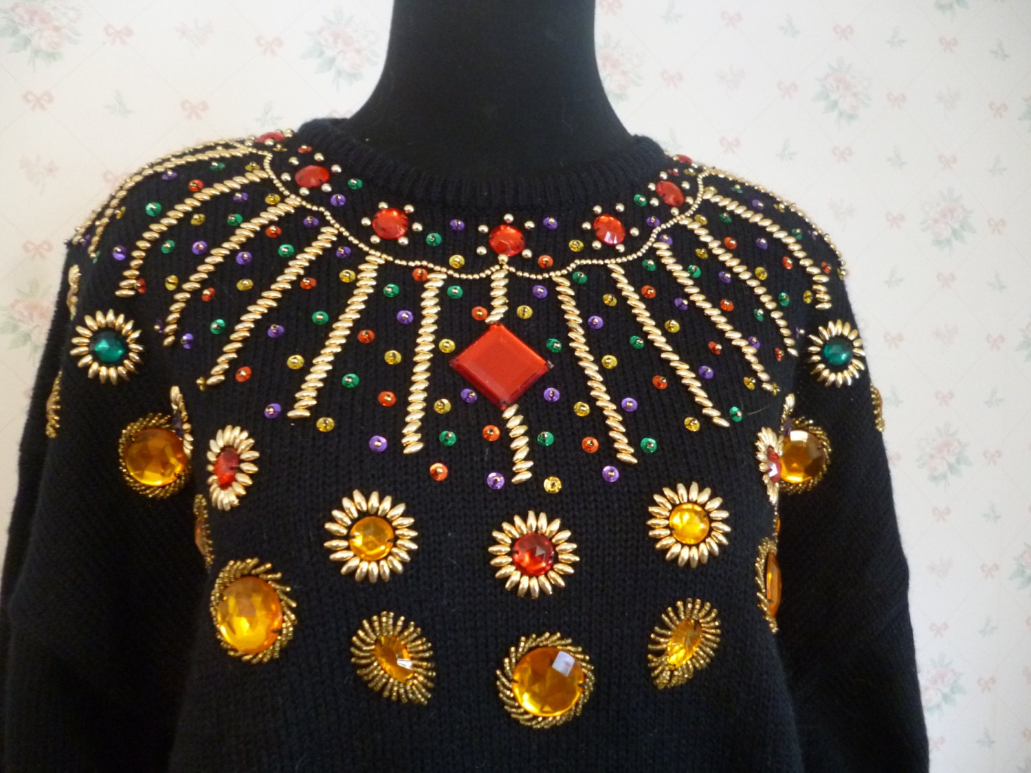 Vintage Ugly Christmas Sweater, Bejeweled Black, Large, XL