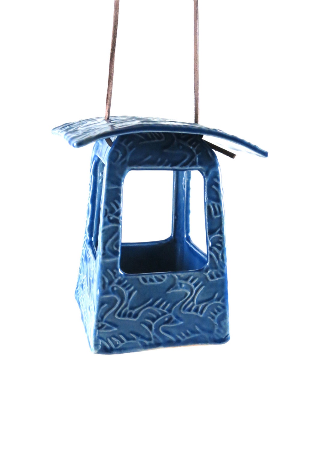 Modern Bird Feeder -  Pottery Bird Feeder - Bird Pattern - Cornflower Blue - 266