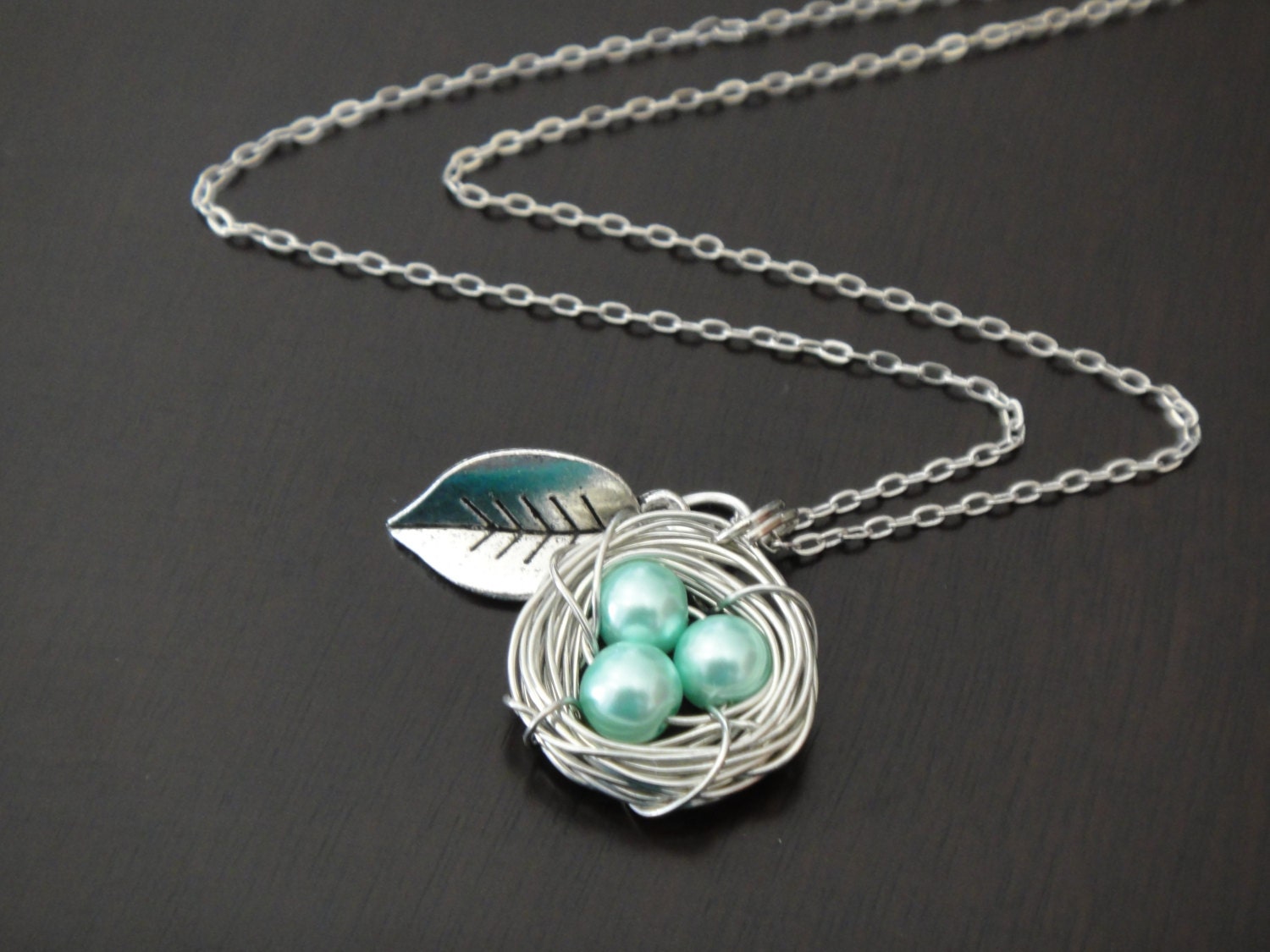 Sea Green Pearl Bird Nest and Leaf Necklace