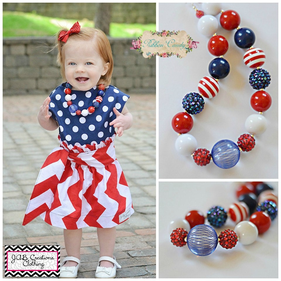 Pretty Patriotic in Red, White and Blue Chunky Necklace ,Girls 4th of July Chunky Necklace, Gumball Bubblegum Beads, navy, solids, stripes