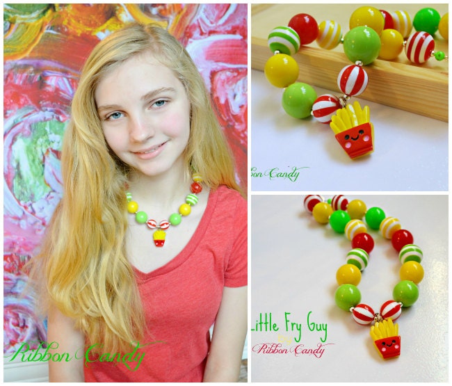 Little Fry Guy Chunky Necklace french fries pendant, girls chunky necklace, kawaii in yellow red green bff