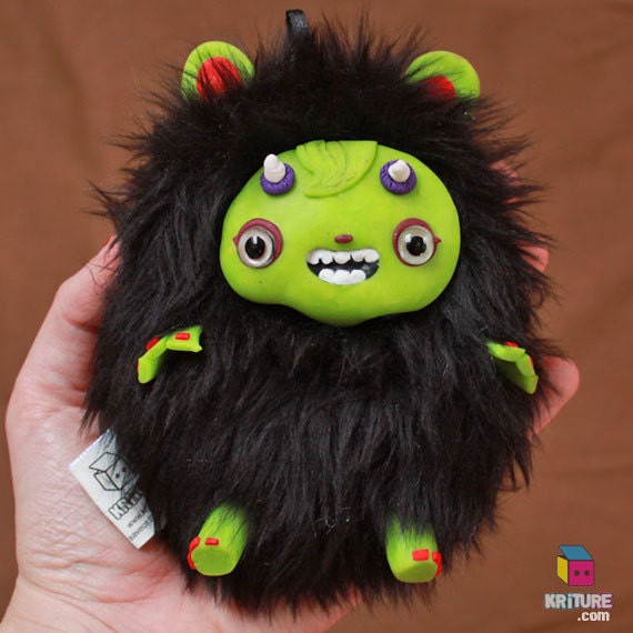Yeti Monster Plush Creepy Cute Monster Sculpture Soft toy Chubby Creature - Sasquatch Softie, Green skin, Black fur - Kriture no. 91