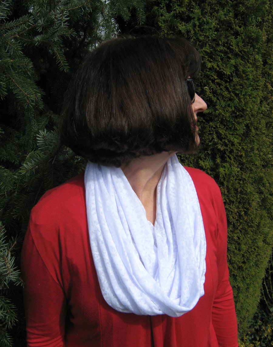 Infinity Scarf - White Jersey  Knit Cotton Blend  - Textured Sheer and  Opaque