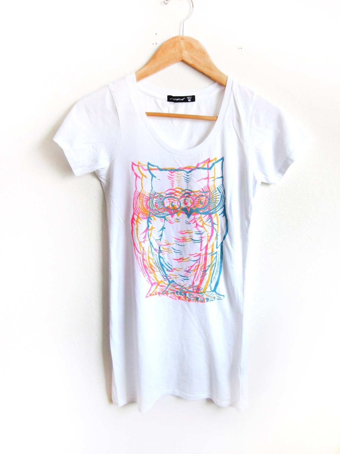 CMYK Owls Handpainted Sheer Scoop Neck Long Tunic Tee Shirt in White - S M L XL