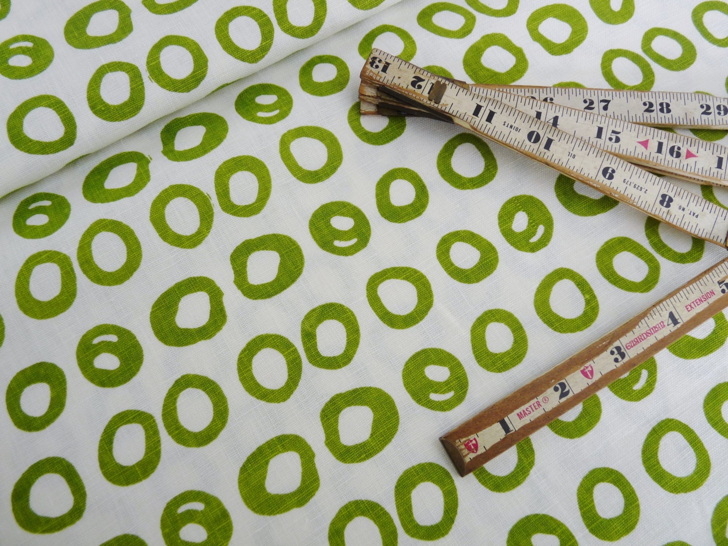 Off White linen- Green Rings Design-  hand screen printed linen - eco-friendly - celina mancurti