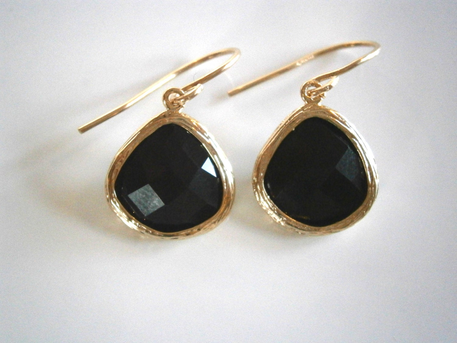 Jet Black Earrings, Gold Framed Galss, Everyday Earrings, Simple, Modern, Classic, Modern
