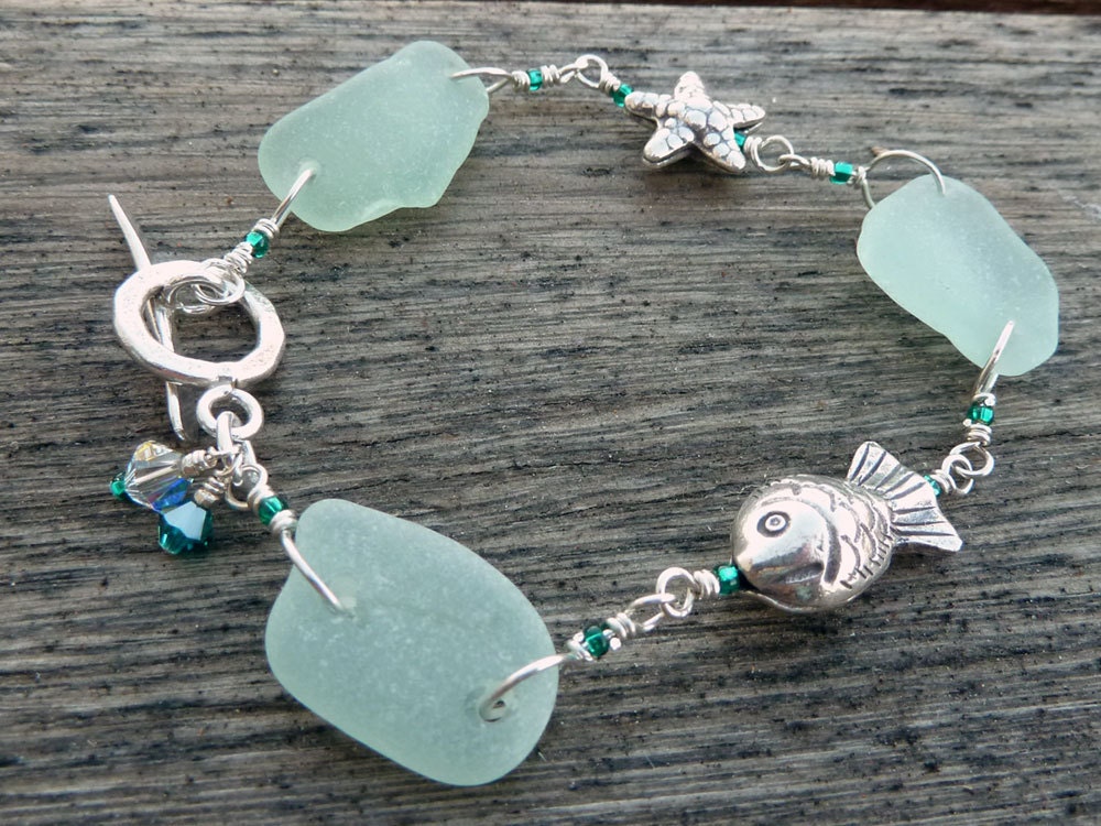 Frosty Seafoam Sea Glass and Silver Bracelet