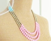 Color Block Pastel Necklace Pale Pink Dyed Jade, Matte Gold Czech Glass, Aqua Blue Glass, White Glass Statement Necklace OOAK