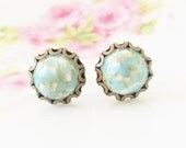 Turquoise Matrix Scallop Earrings - Turquoise Matrix Scallop Round Antique Brass Post Earrings - Preppy Bridesmaid, Wedding, Bridal