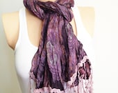 Ruffle Frilly Shawl Neckwarmer Purple Amethys Cotton Fabric Scarf stripe Lilac Tasseled