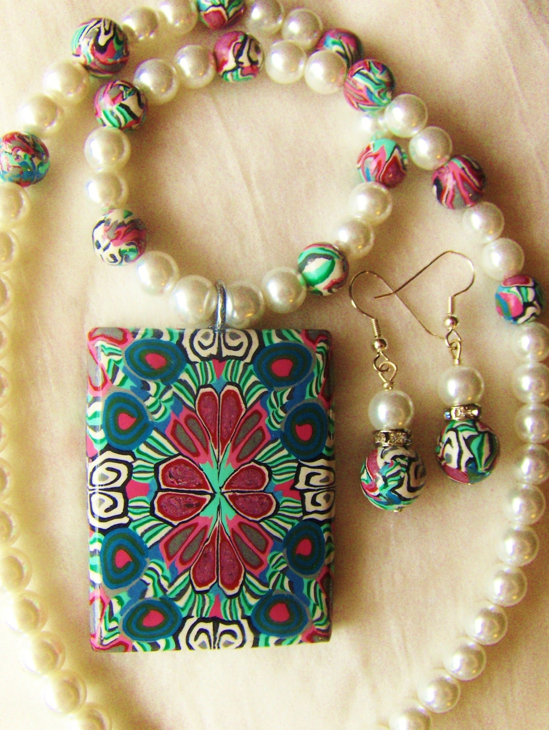 Polymer Clay Pendant and Glass Pearl Beaded Necklace with Earrings SET - Handmade - Polymer Clay Cane Artwork - Caribbean Spring