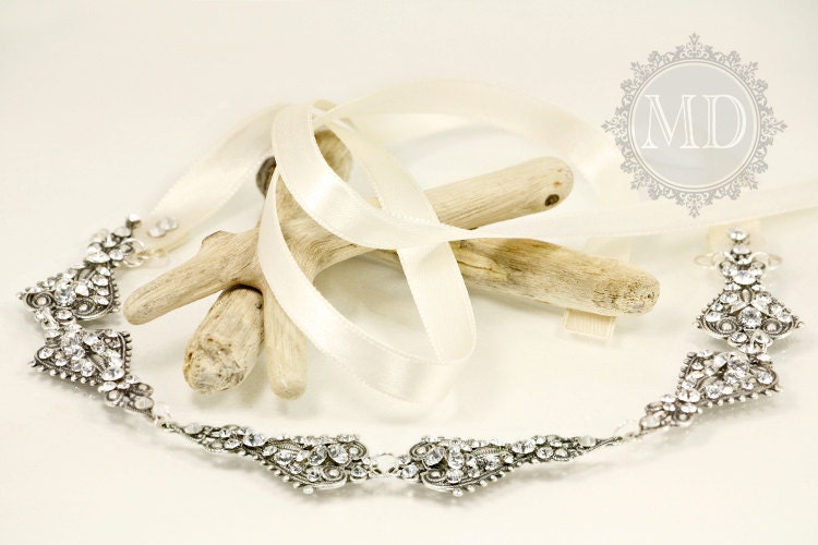 Farah Swarovski Rhinestones Ribbon Headband / Bridal hair accessories / Silver and Ivory / Wedding accessories