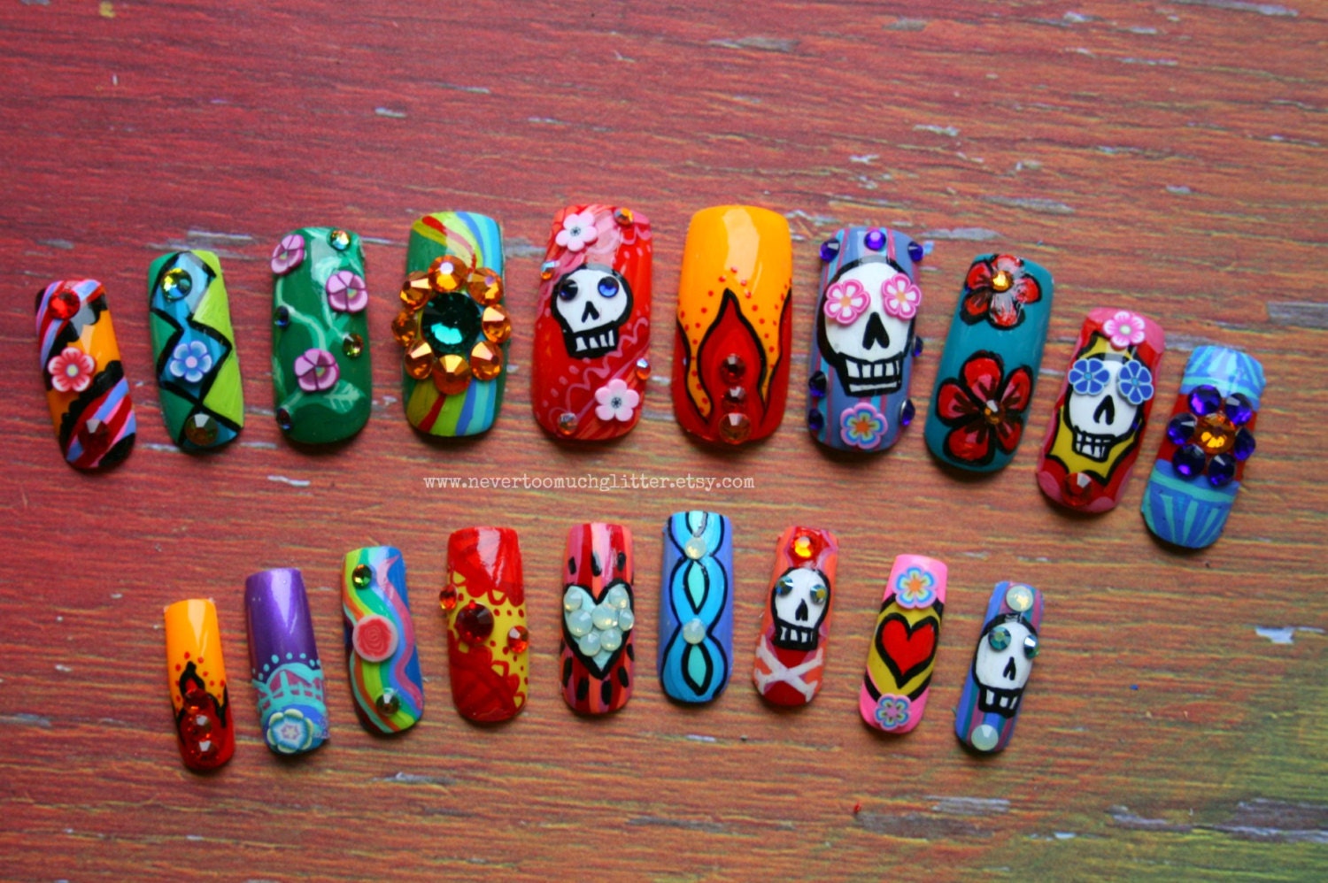 Japanese Nail Art- Dia De Los Muertos Artificial Nails Version 3