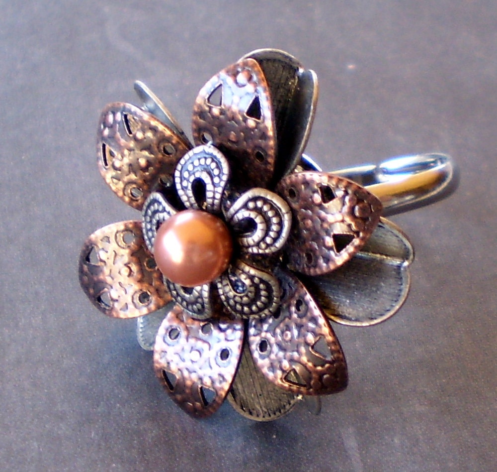 Metal Blossom a floral filigree Pearl Flower Ring