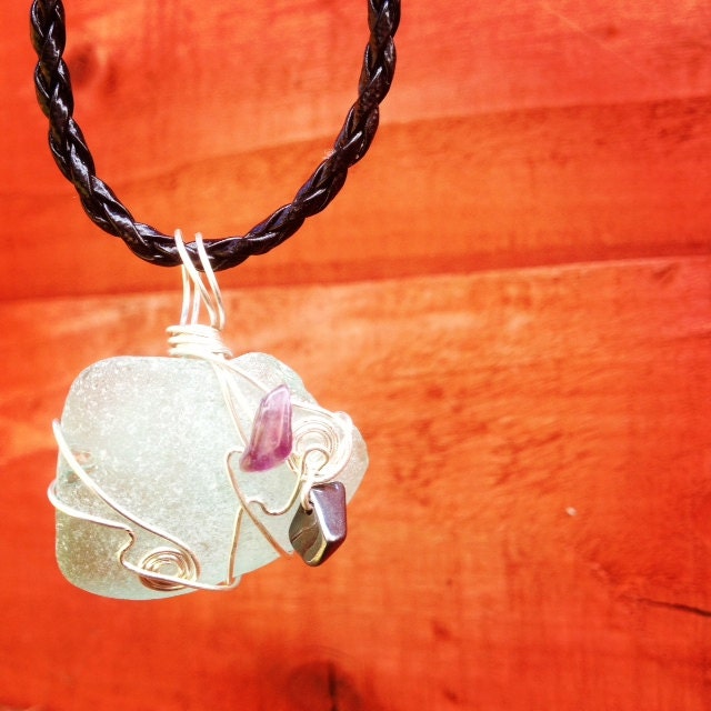 Aqua Irish Sea Glass Wire Wrapped Pendant - w/ Hematite and Amethyst