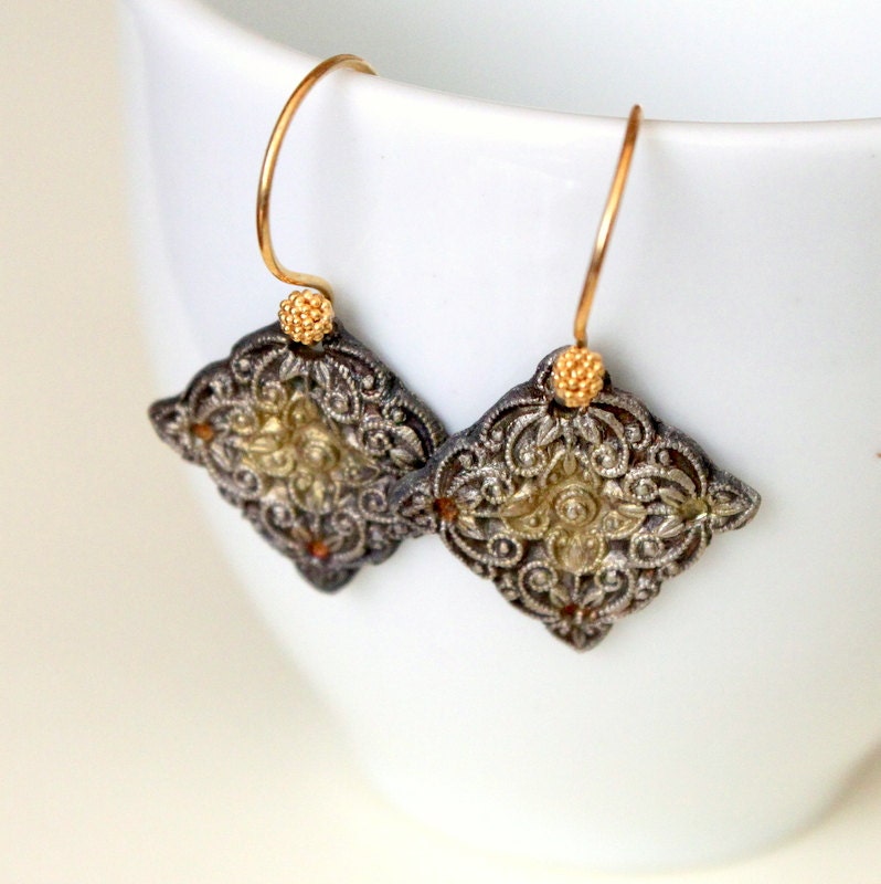 Forgotten Coins--Precious Metal Clay Antiqued Patina Fine Silver Earrings