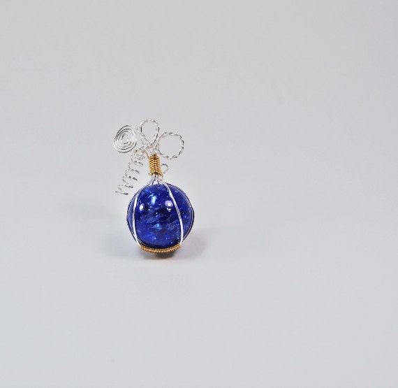 Blue Crackled Glass Wrapped in Silver and Copper