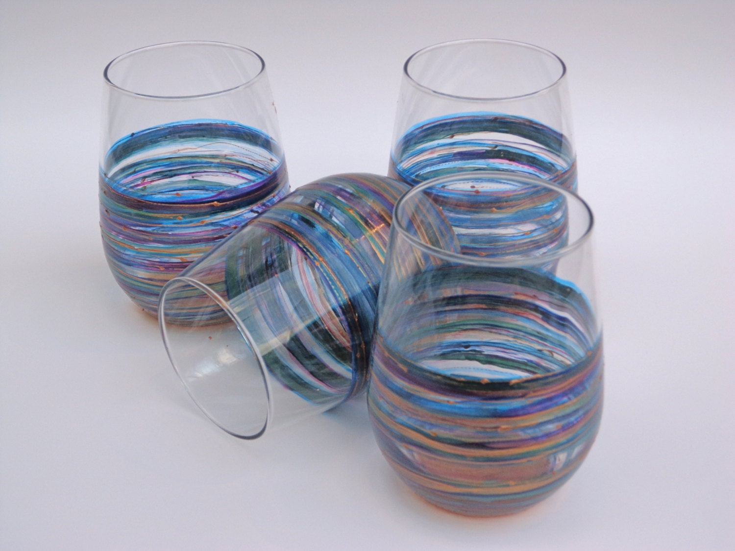 Hand Painted Wine Glasses- Blue and Purple- Set of 4 Stemless