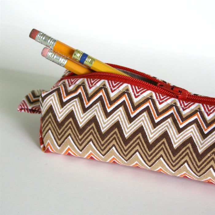 Girls Pencil Case in Zig Zag Chevron Red and Brown