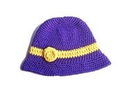 Summer Cotton Cloche Hat Purple with Yellow Stripe and Crocheted Flower Embellishment Earth Day Womens  Breathable Soft