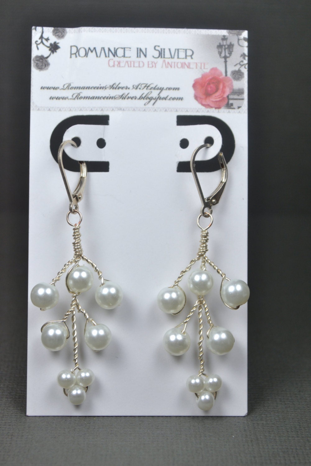 Sterling Silver Bridal Pearl Vine Earrings, Lever Back Earring Hooks, Crystazzi Pearls