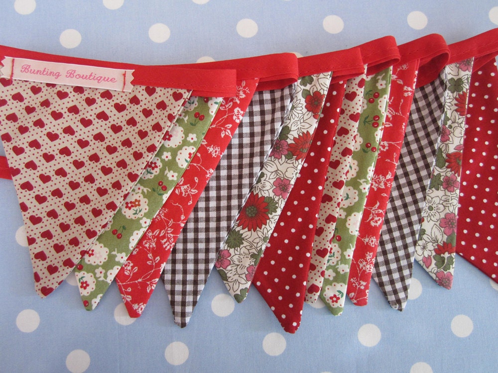 Small Classic Bunting. Colours - Sage Green, Pale Pink, Chocolate and Red.  Fabric Patterns - Flowers, Gingham, Roses and Hearts.