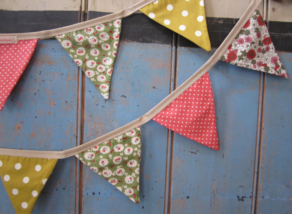 Small Classic Bunting. Colours - Sage Green, Mustard, Coral.  Fabric Patterns - Flowers and Spots.