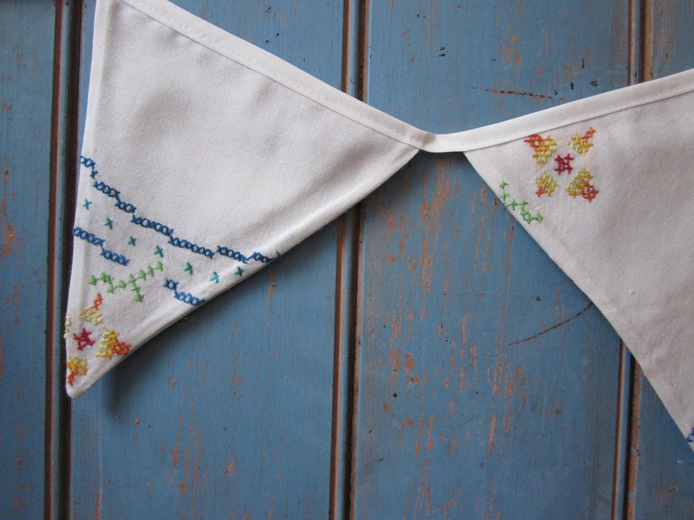 SALE...Vintage Tablecloth Bunting.  Main Colour - Off White.  Fabric - has Lovely embroidered detail.