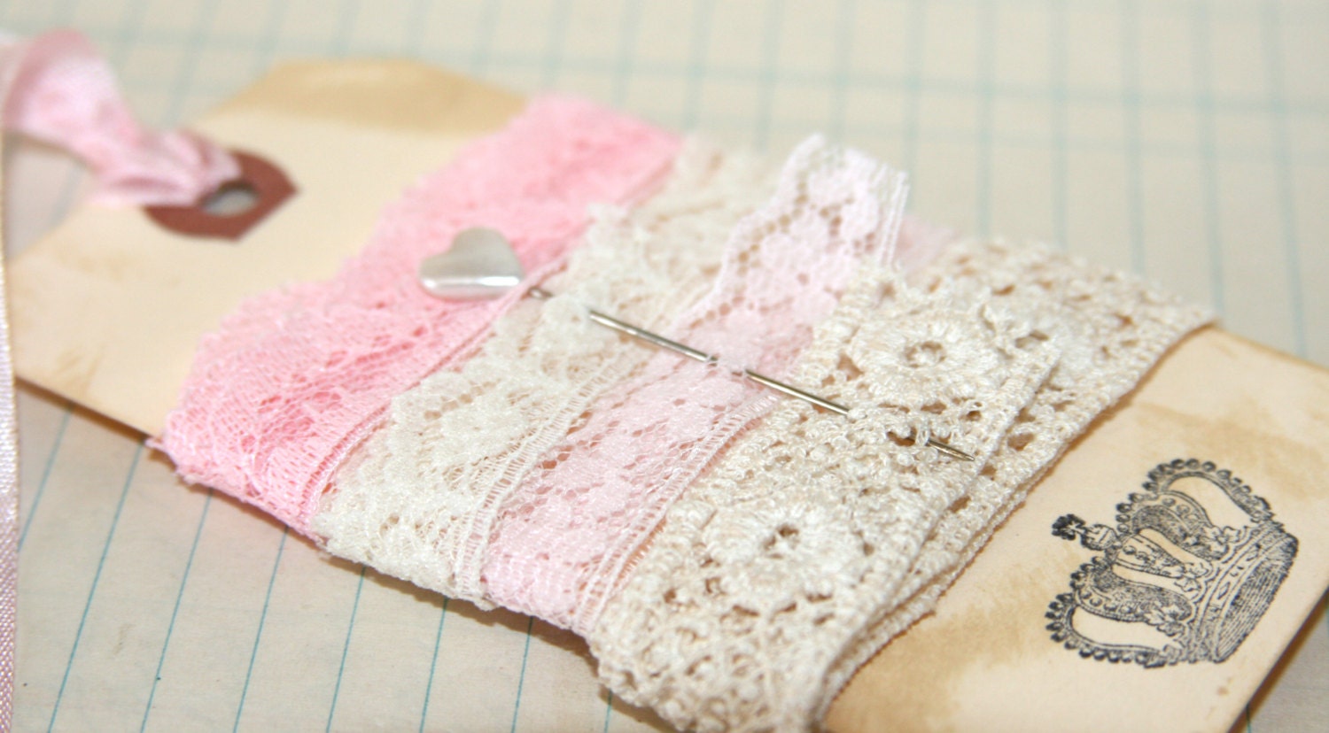 Vintage Pink and Cream Lace on Hand Stamped Distressed Tag