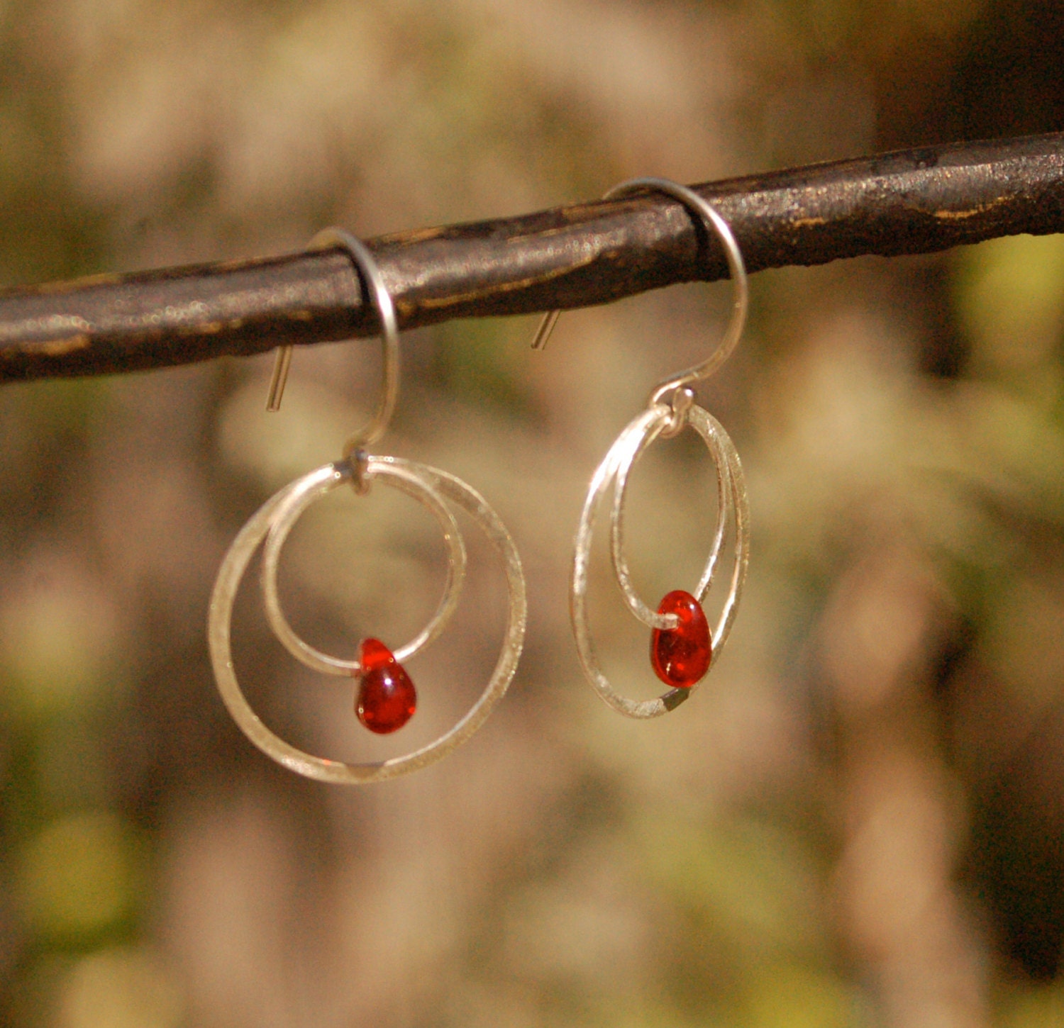 Recycled Silver Hoops within Hoops with Red Glass teardrops--Red Angels