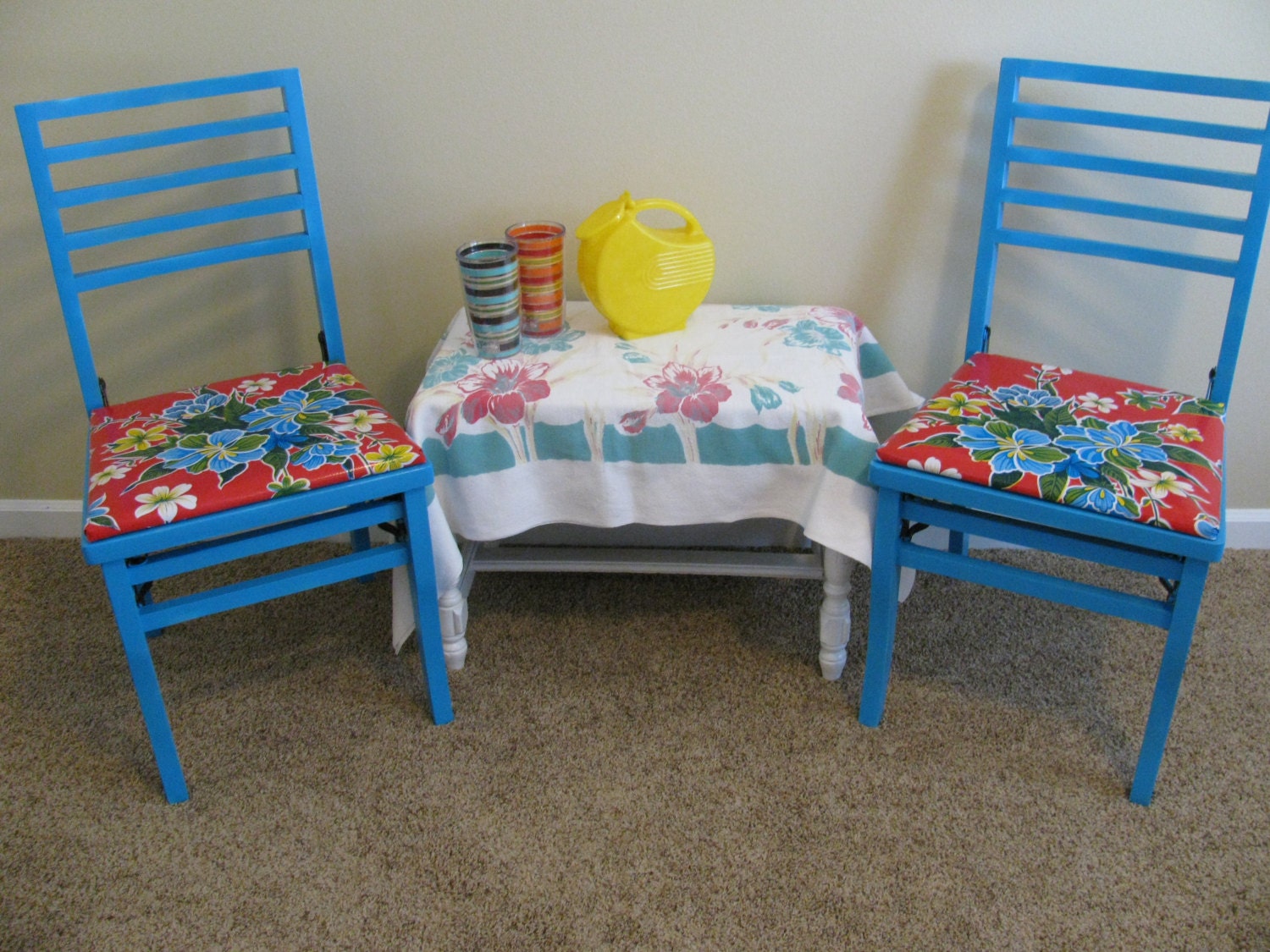 Upcycled Office Wood Folding Chairs Painted Beach Blue with Tropical Oil Cloth Seats Great Extra Seating