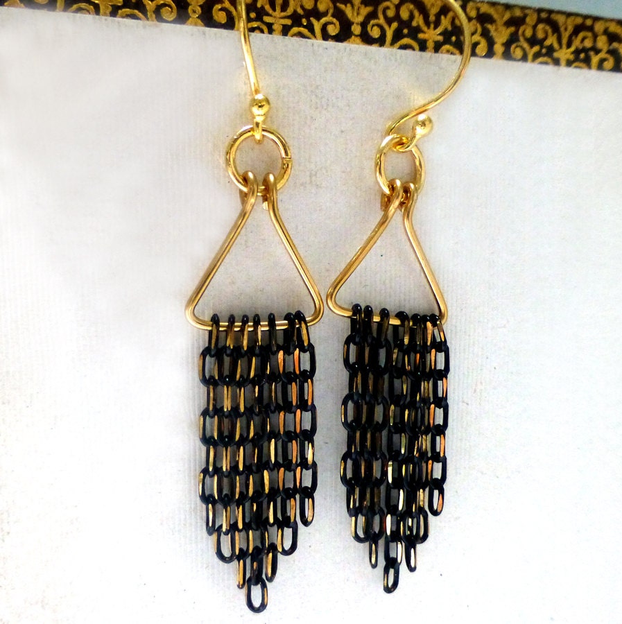 Gold Black Multi-Chain Chandelier Earrings. Graduated Chain Earrings. Gold Vermeil Earrings.