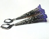 Filigree Blue White Acrylic Drop Earrings. Gunmetal Filigree Earrings. Victorian Filigree Earrings. Lever Back Earwire Earrings.