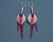 Neon Pink and Beige Leaf Shaped Dangle Feather Earrings with Natural Chevrons