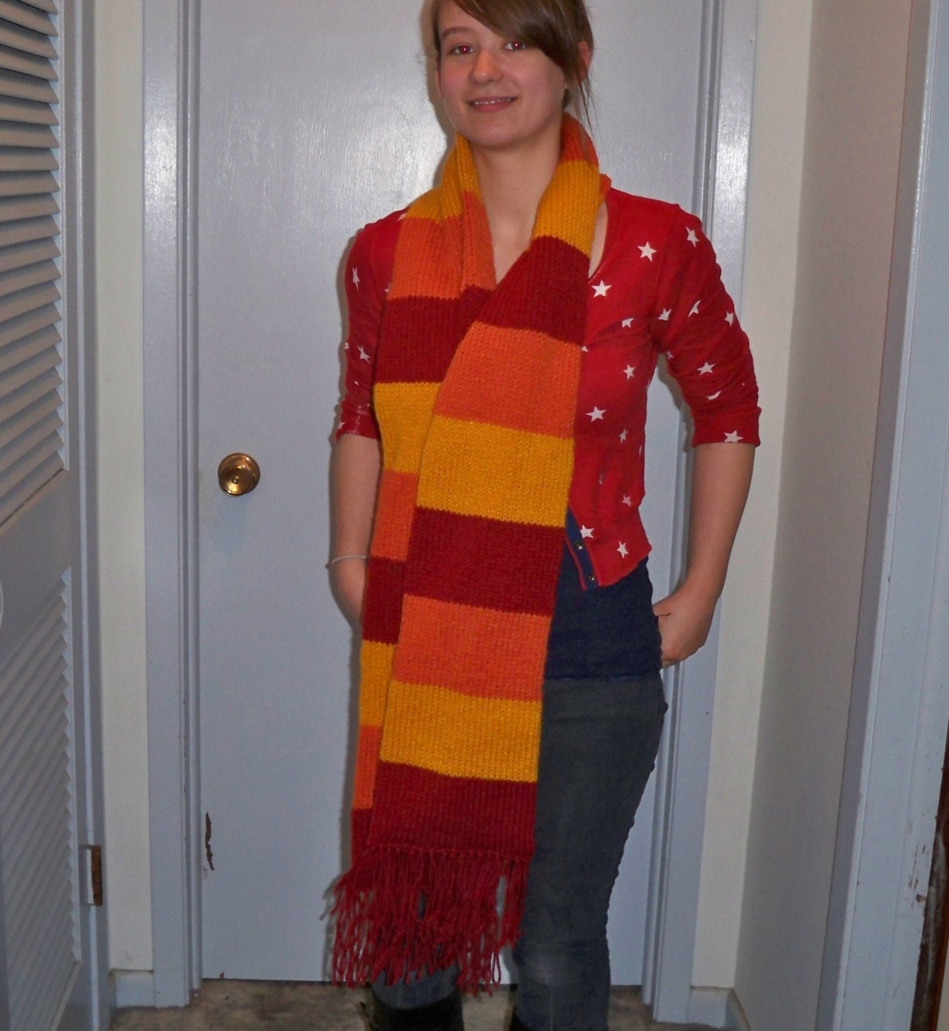 Scarf in  red, orange and gold by Whitaker Knits