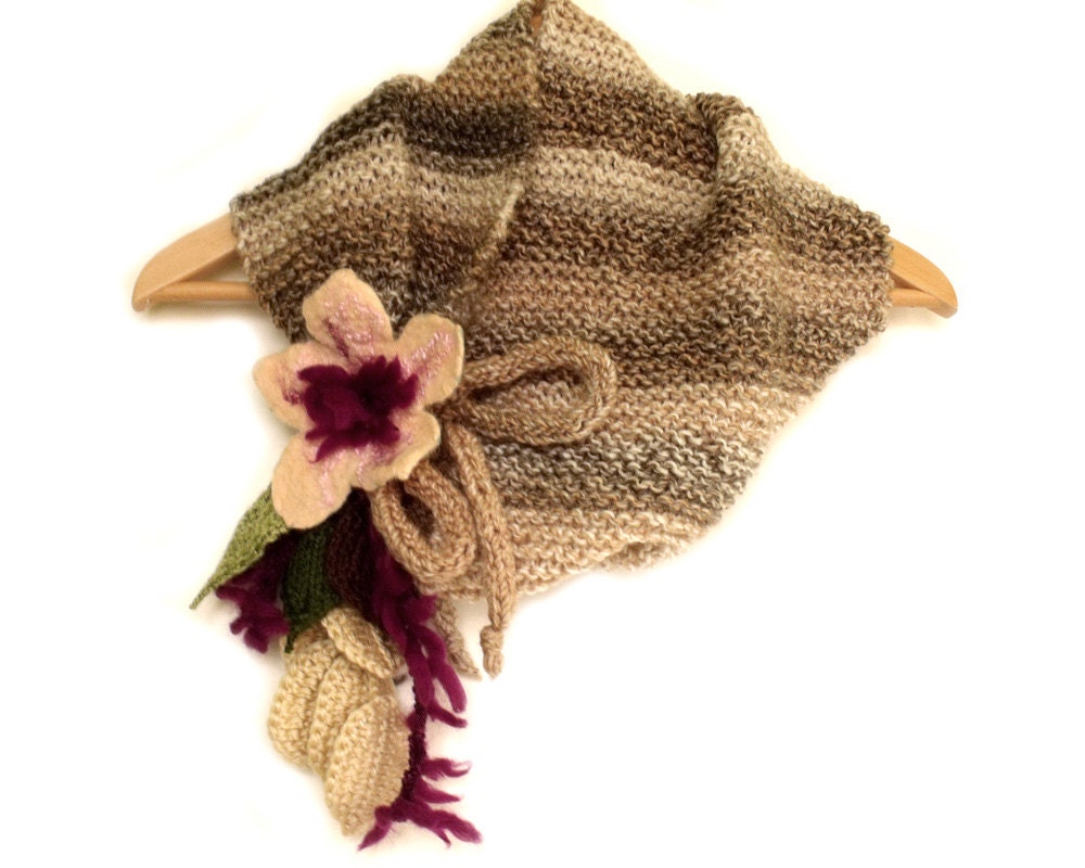 Knit scarf. Cowl. Neckwarmer with felt flower and crochet leaves. Boho chic wearable fiber art. Gift for her. Winter Sale