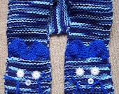 Sale---Blue Stripe Kitty Scarf for Children...The Faces are Pockets to Keep Hands Warm