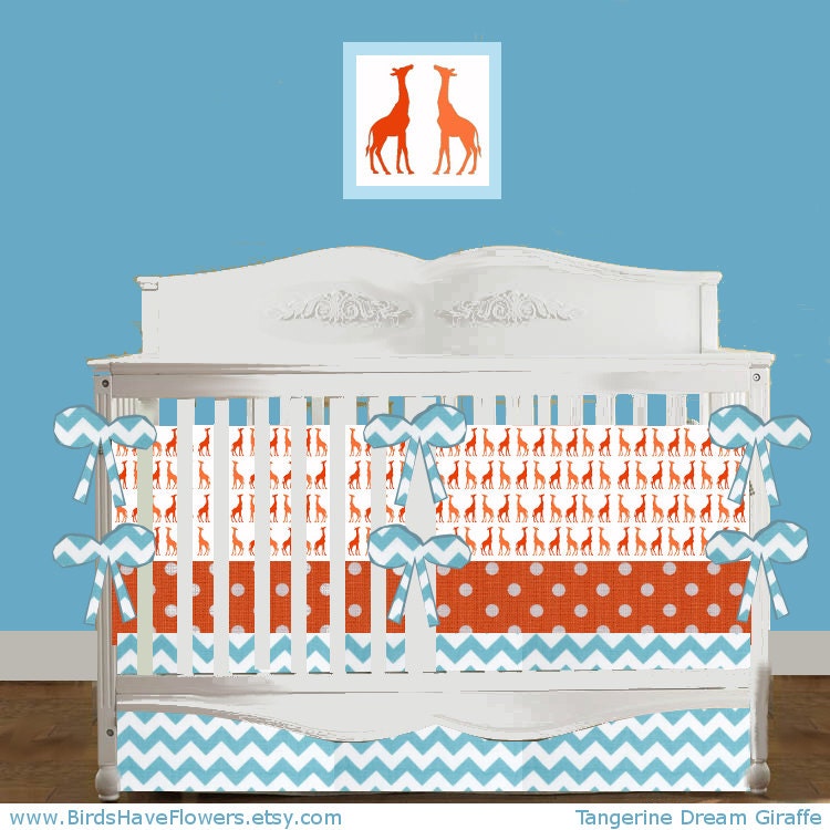 Unisex baby bedding  in Tangerine Dream Giraffe  includes bumper set , fitted sheet and crib skirt