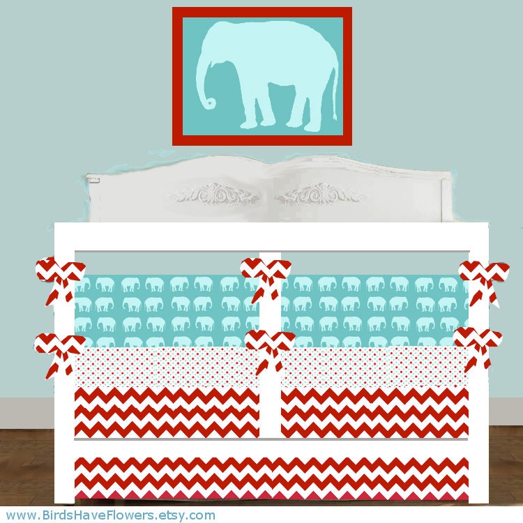 Aqua and Red Elephant or Giraffe baby bedding in CUSTOM fabrics