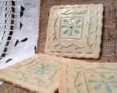 Ceramic trivet set - coasters tiles spoon rest - cream and mint green - hand sculpted - unique kitchen decor