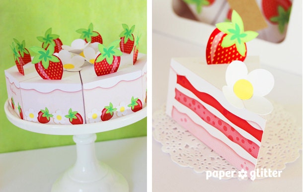 Strawberry Shortcake Paper Cake Slice in REDS favor baking party box printables - Editable Text Printable PDF