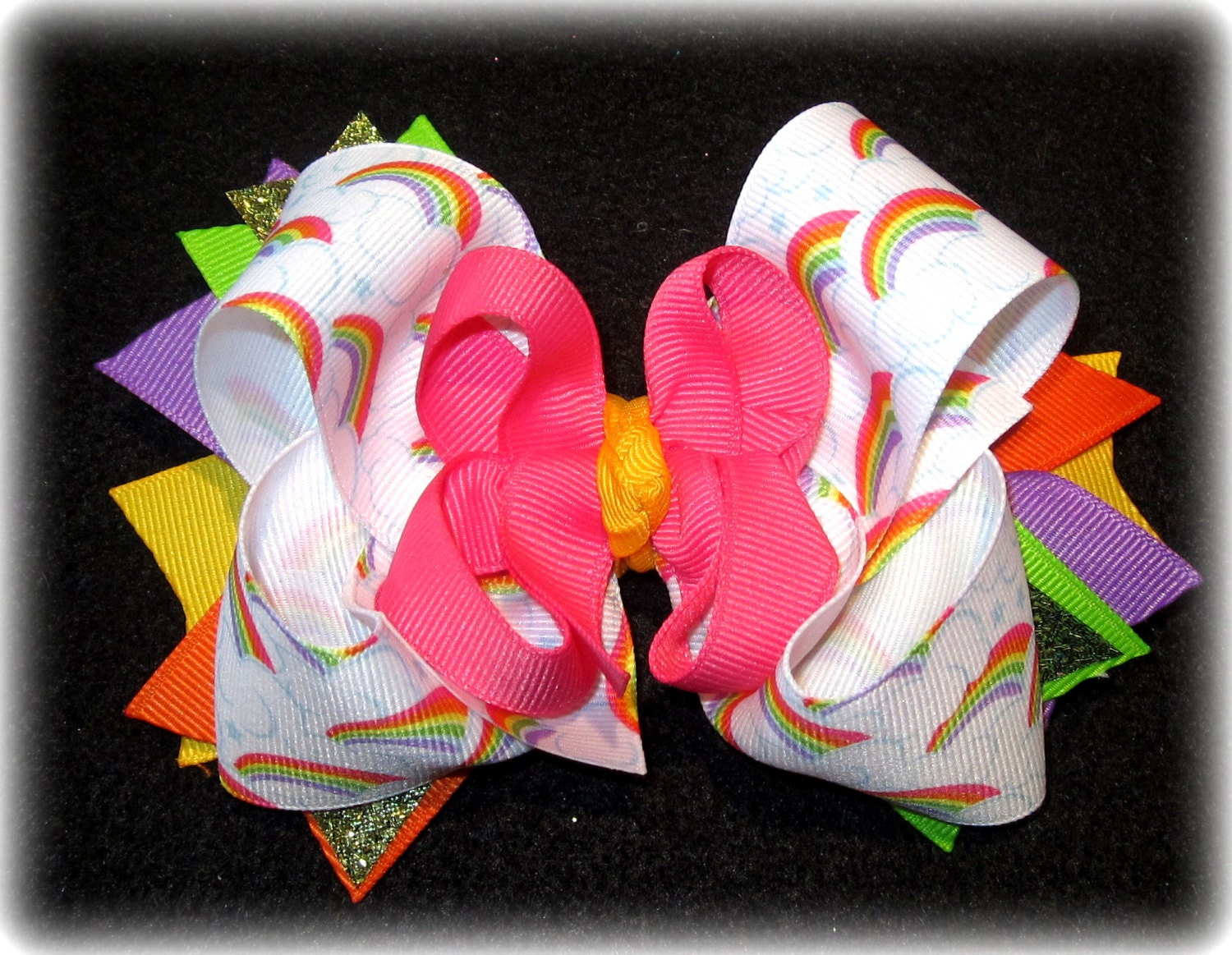 Rainbows & Clouds Boutique Hair Bow 3 Layers of Ribbon and Spikes Pink Orange Rainbow